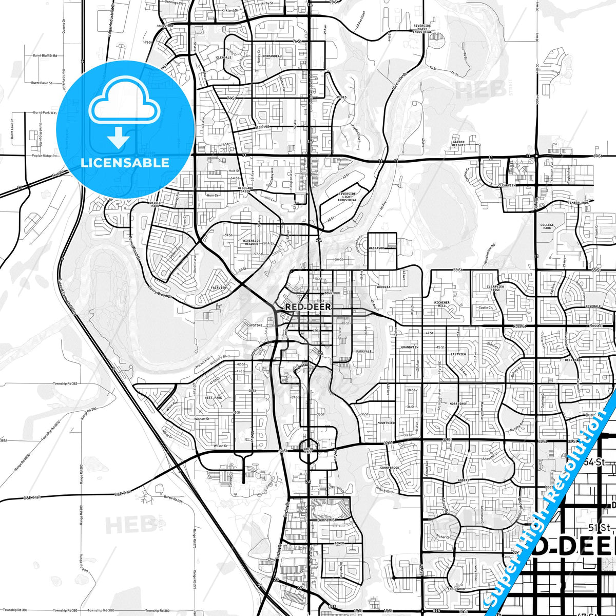 Red Deer, Canada Light Map with Street Names, City Names, and Districts