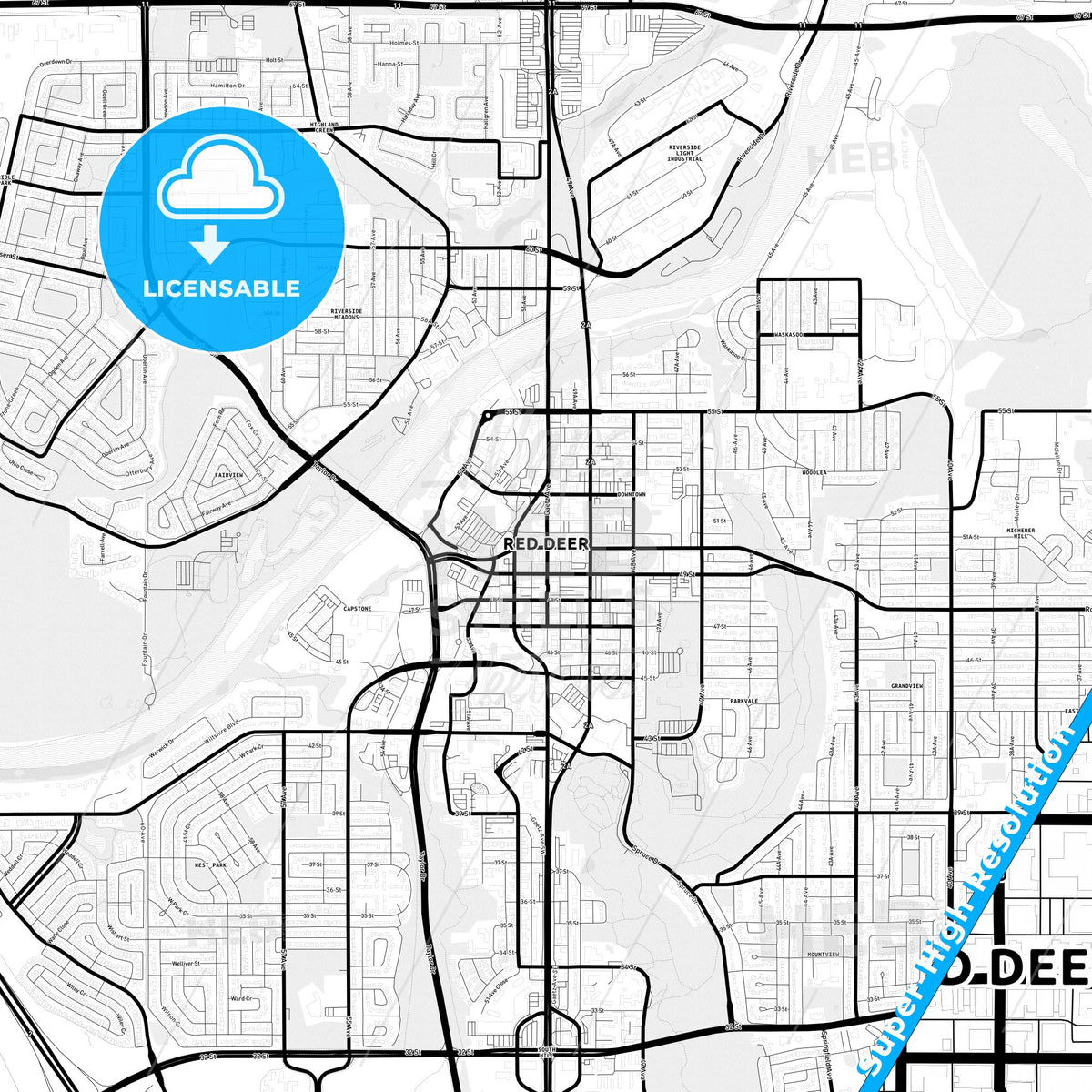Red Deer, Canada Light Map with Street Names, City Names, and Districts