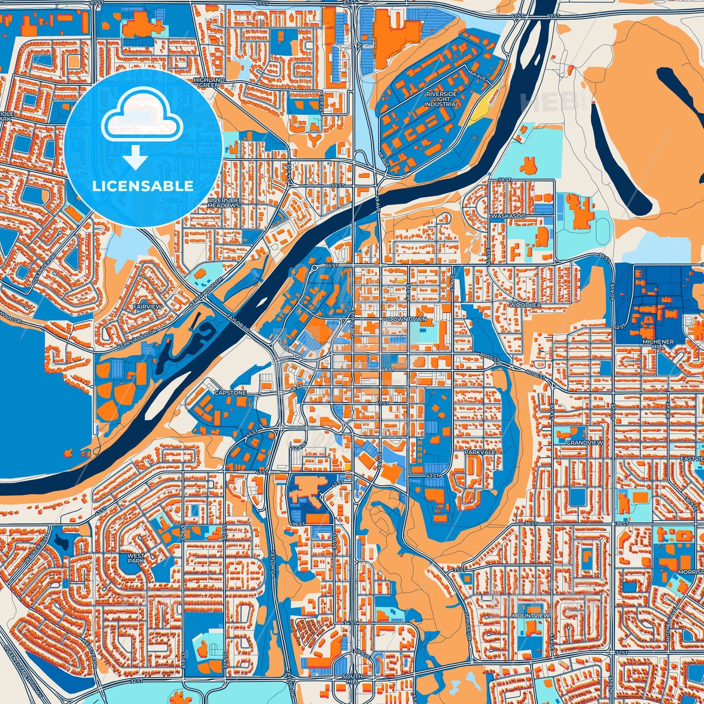 Colorful Red Deer Street Map with Labels and Buildings