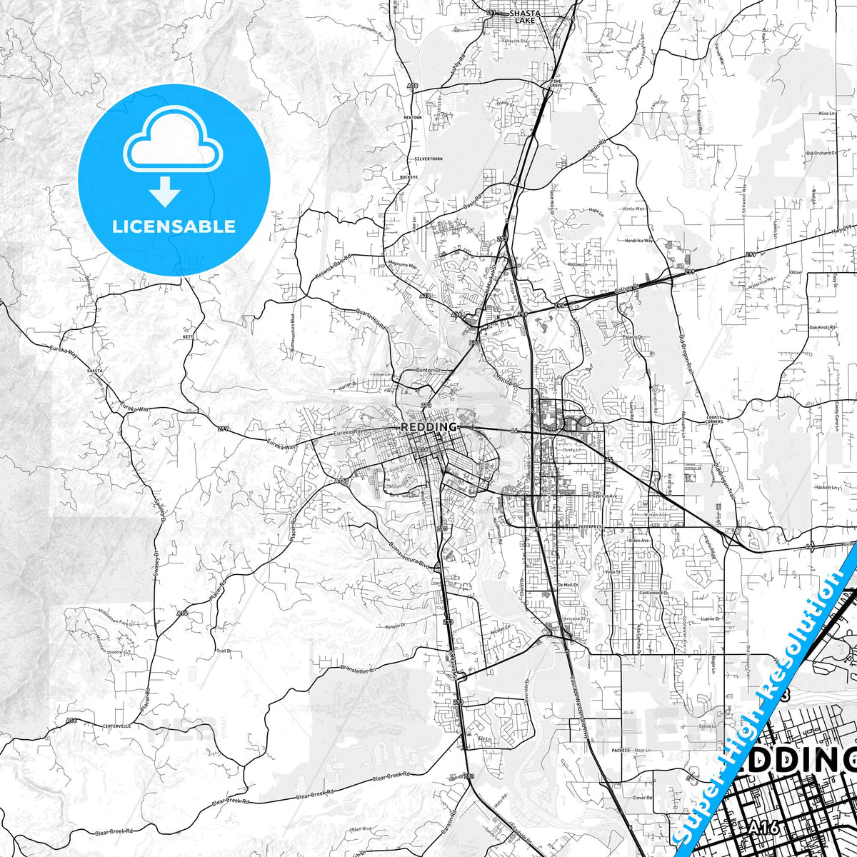 Redding, California light map with streetnames, citynames and districts