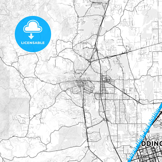Redding, California light map with streetnames, citynames and districts