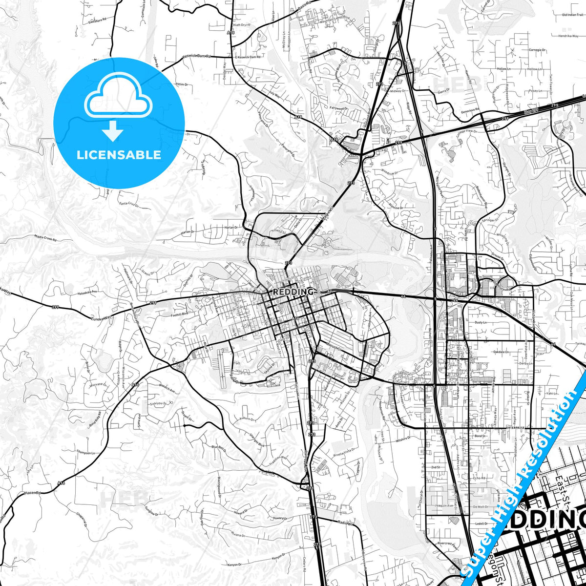 Redding, California Light Map with Street Names, City Names, and Districts
