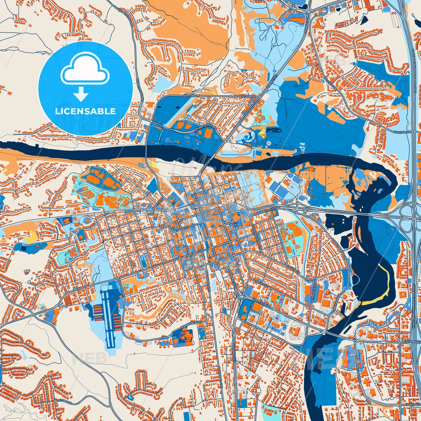 Colorful Redding Street Map with Labels and Buildings