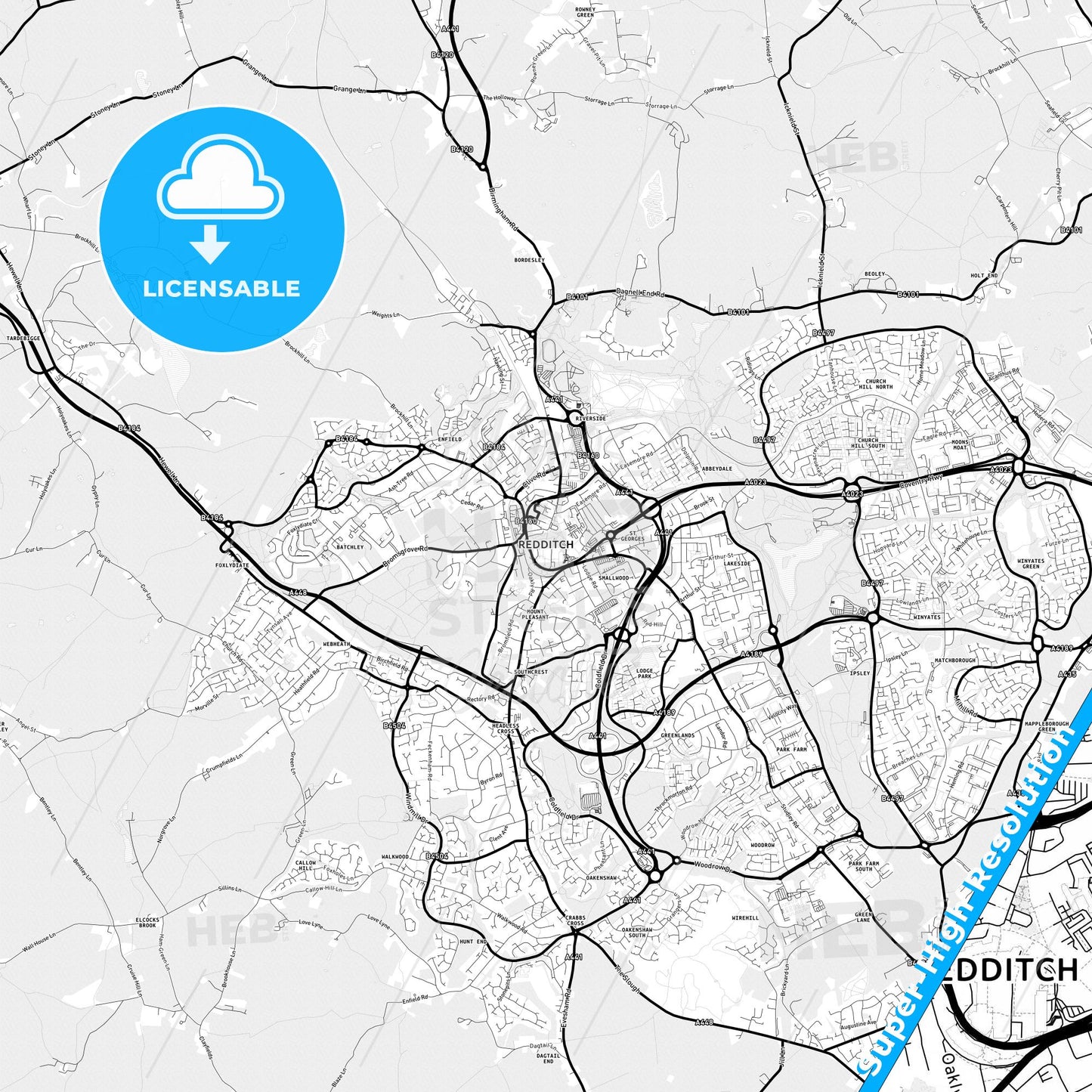 Redditch, England Light Map with Street Names, City Names, and Districts