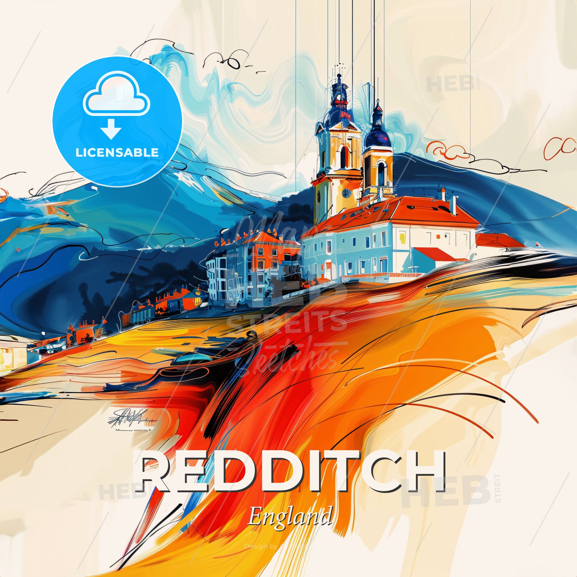 Vibrant Redditch, England - A Painting Of A Building On A Hill - Square format print template