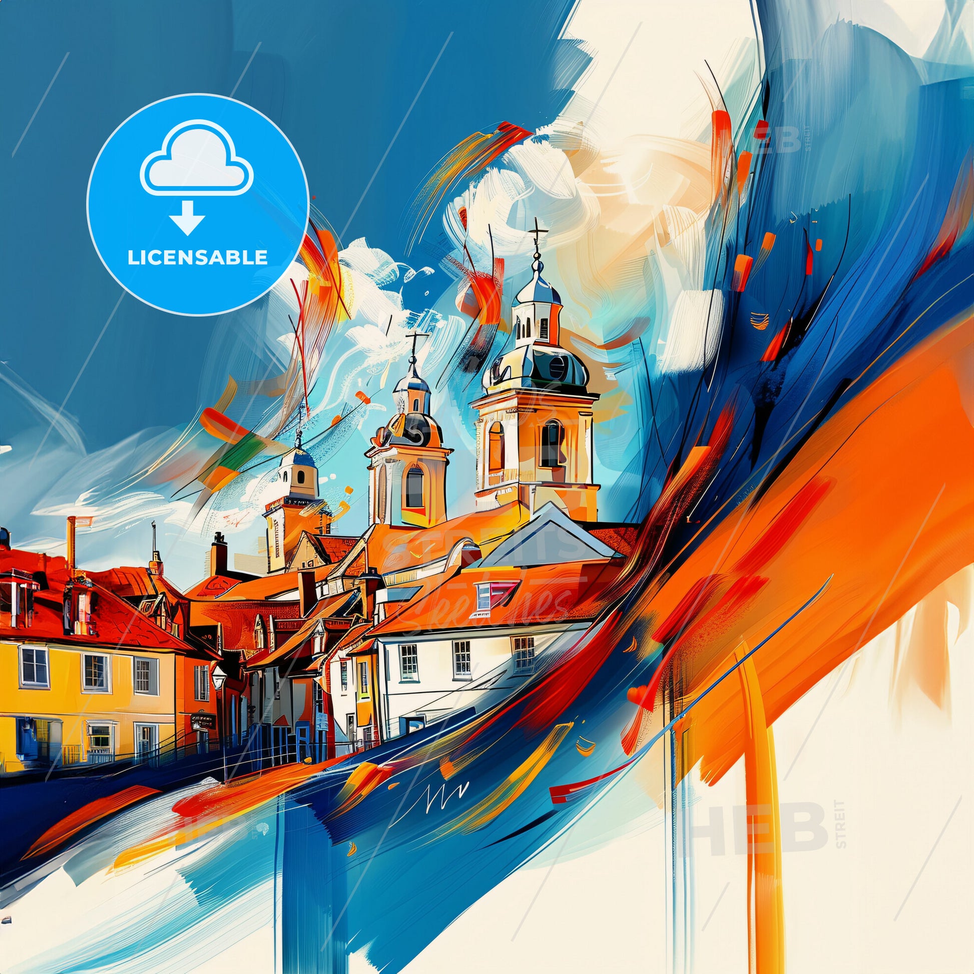 Vibrant Redditch, England - A Painting Of A Building With A Steeple