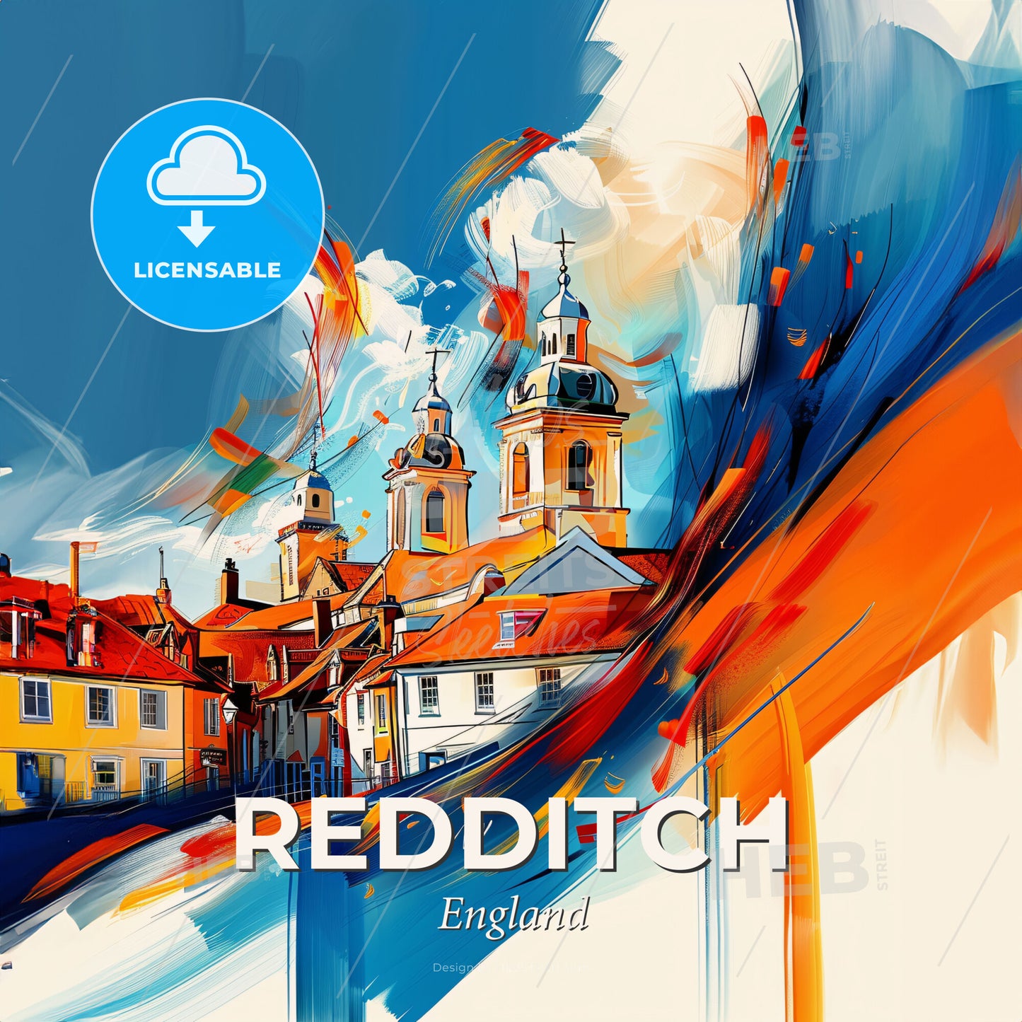 Vibrant Redditch, England - A Painting Of A Building With A Steeple - Square format print template