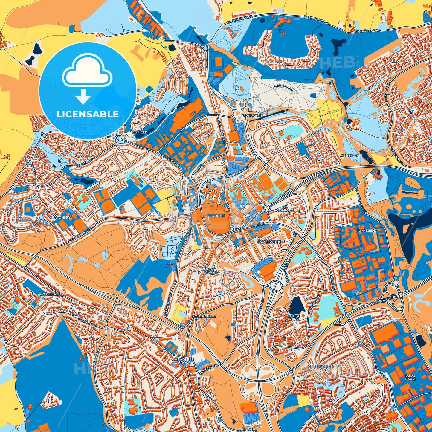 Colorful Redditch Street Map with Labels and Buildings