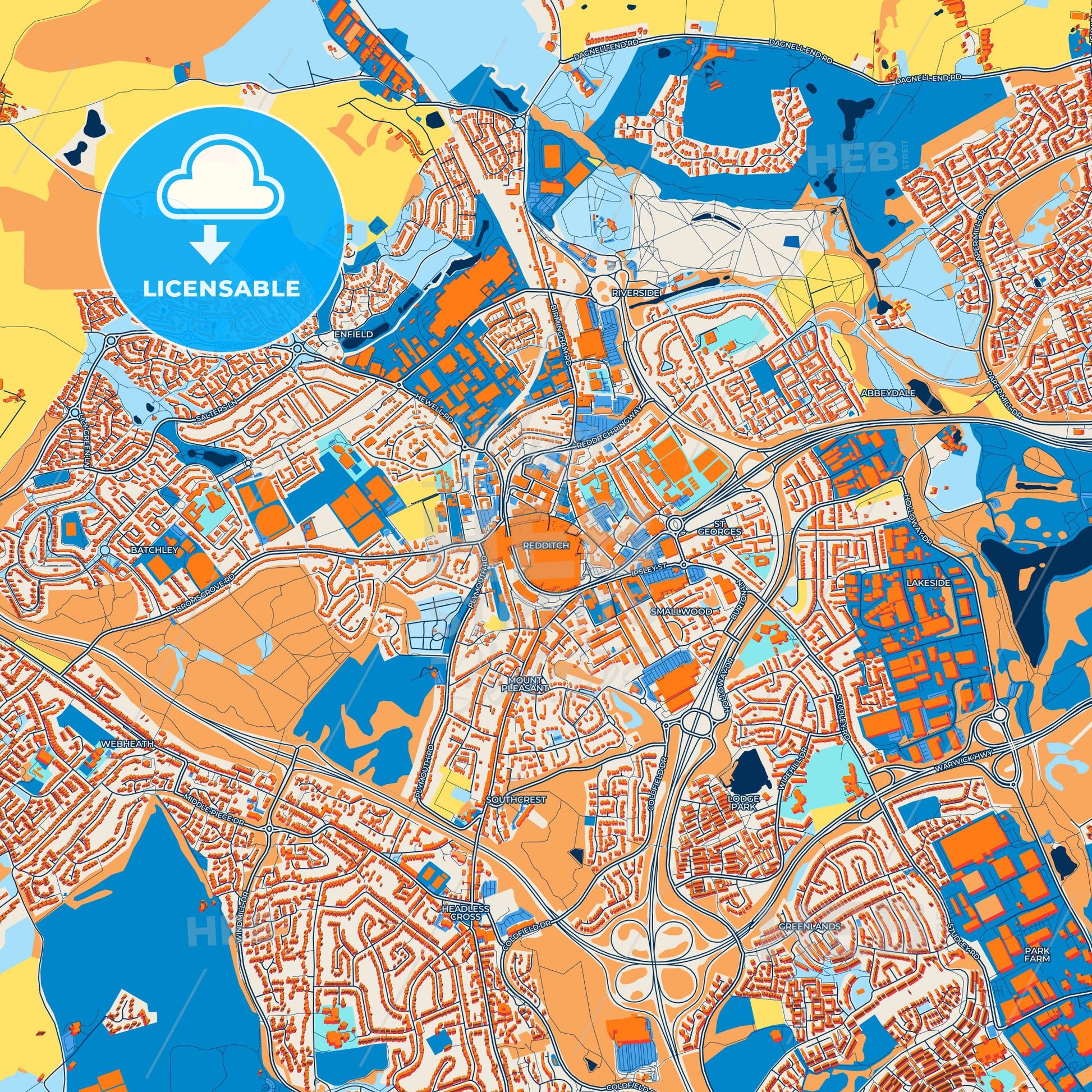Colorful Redditch Street Map with Labels and Buildings