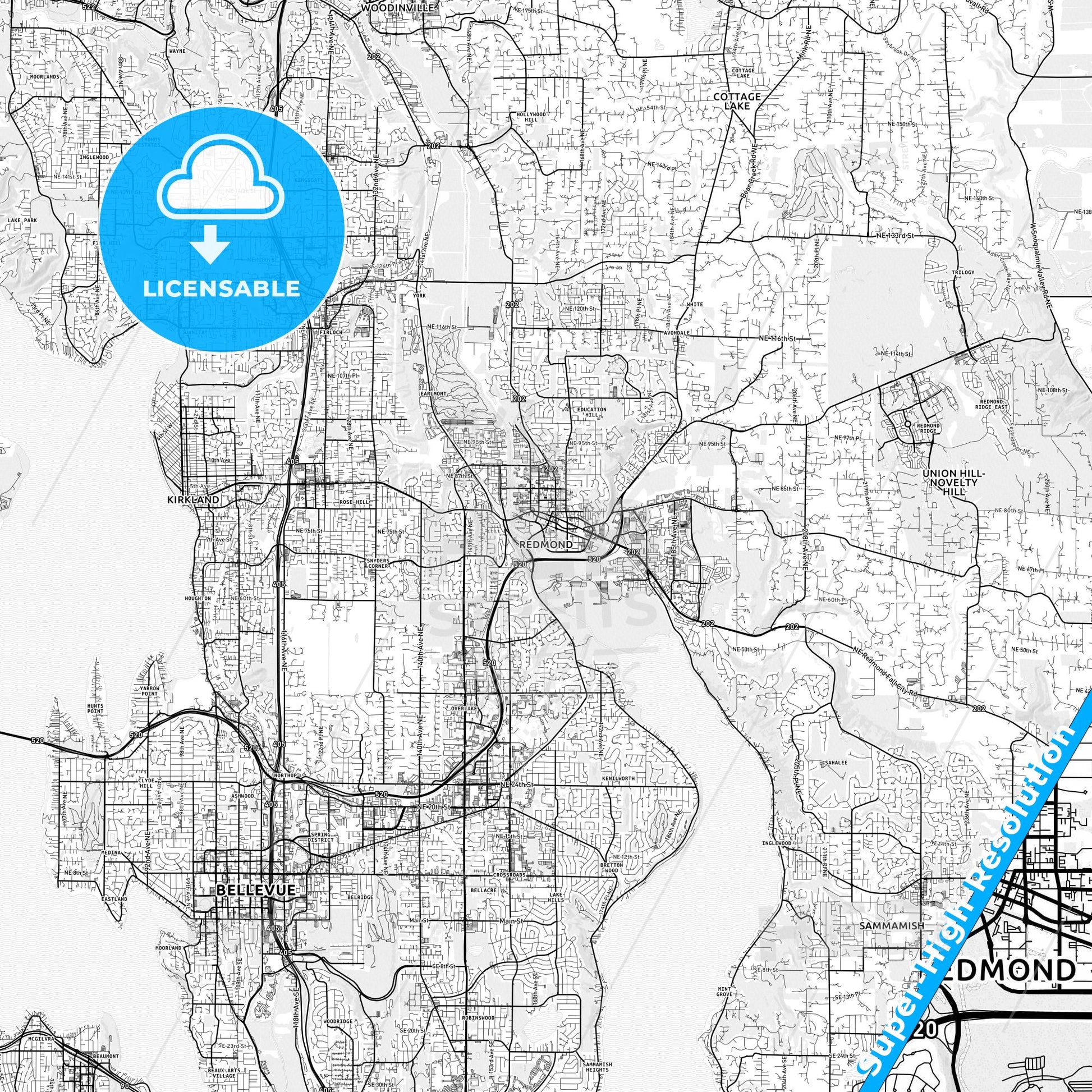 Redmond, Washington light map with streetnames, citynames and districts