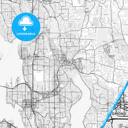 Redmond, Washington light map with streetnames, citynames and districts