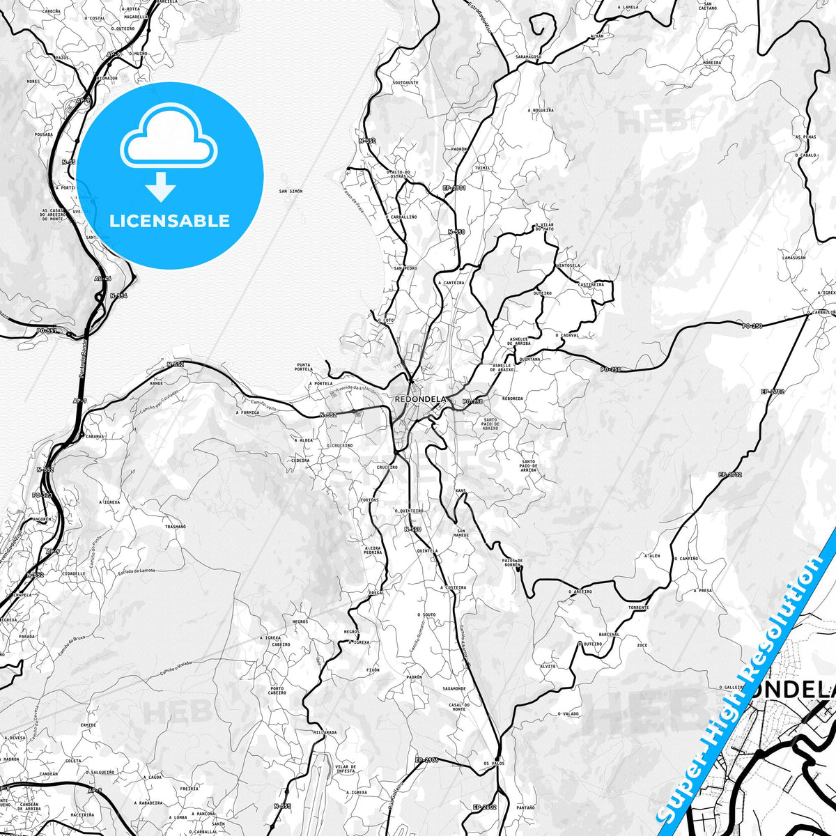 Redondela, Spain Light Map with Street Names, City Names, and Districts