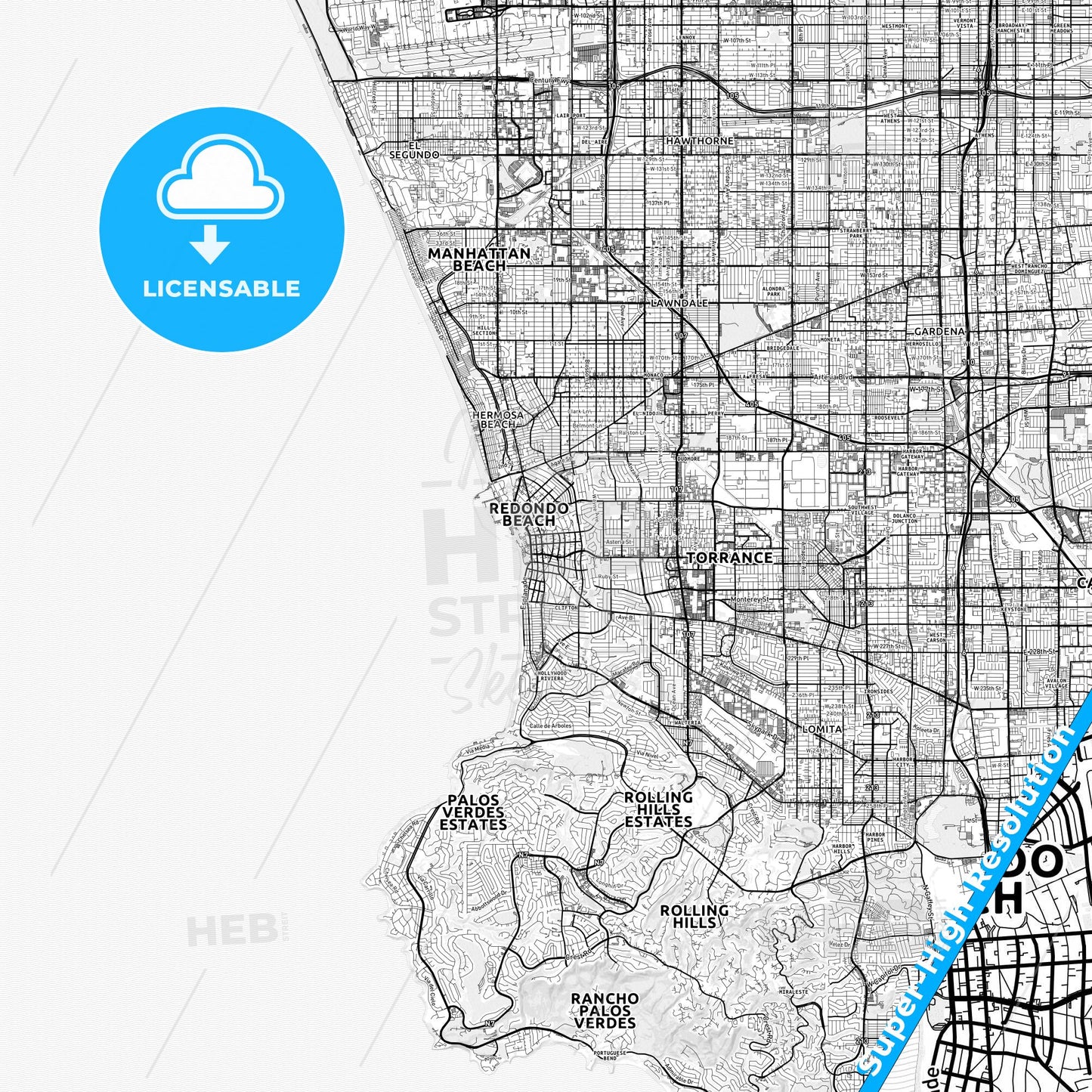 Redondo Beach, California light map with streetnames, citynames and districts