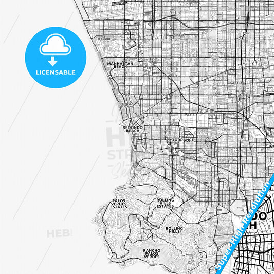 Redondo Beach, California light map with streetnames, citynames and districts