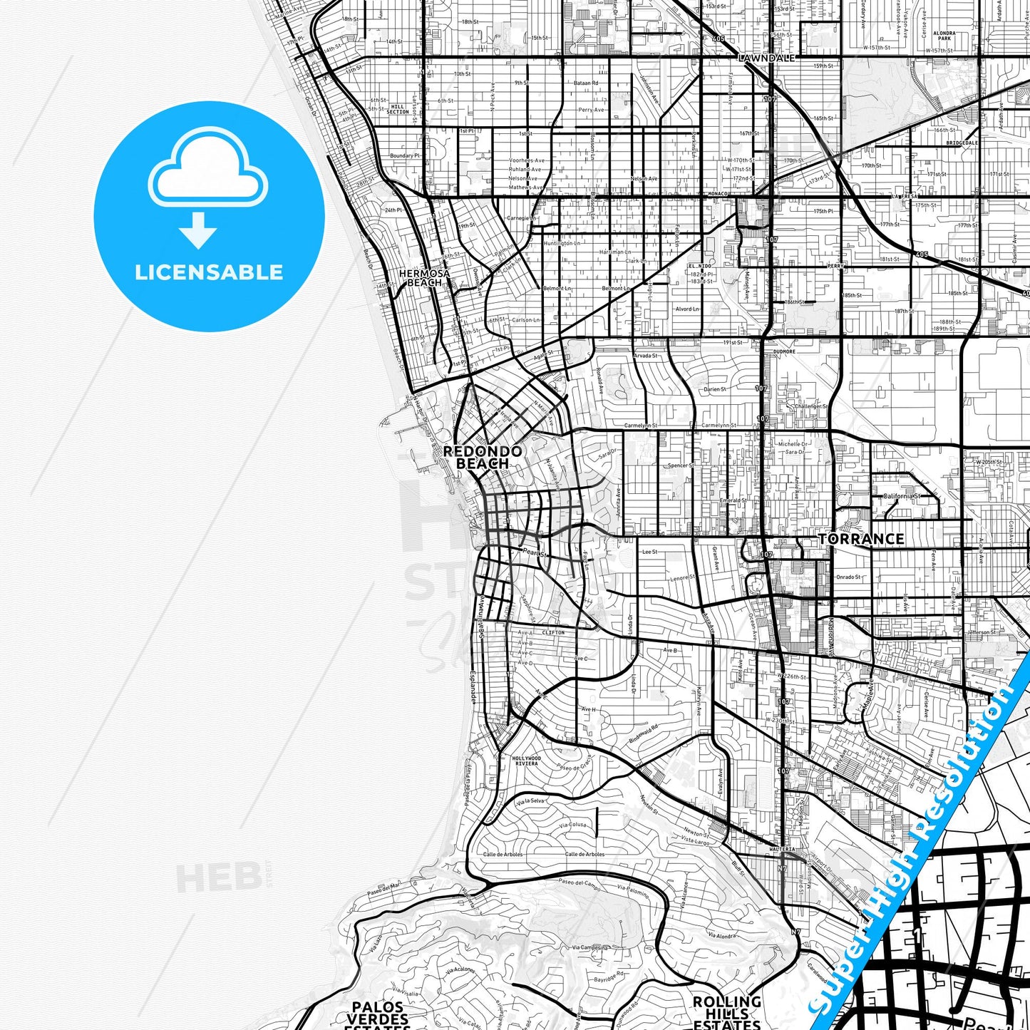 Redondo Beach, California Light Map with Street Names, City Names, and Districts