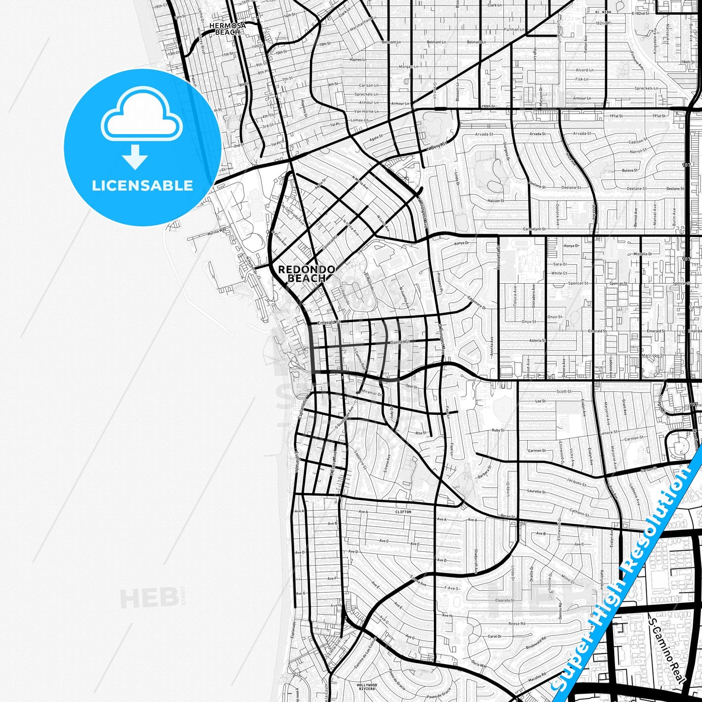 Redondo Beach, California Light Map with Street Names, City Names, and Districts