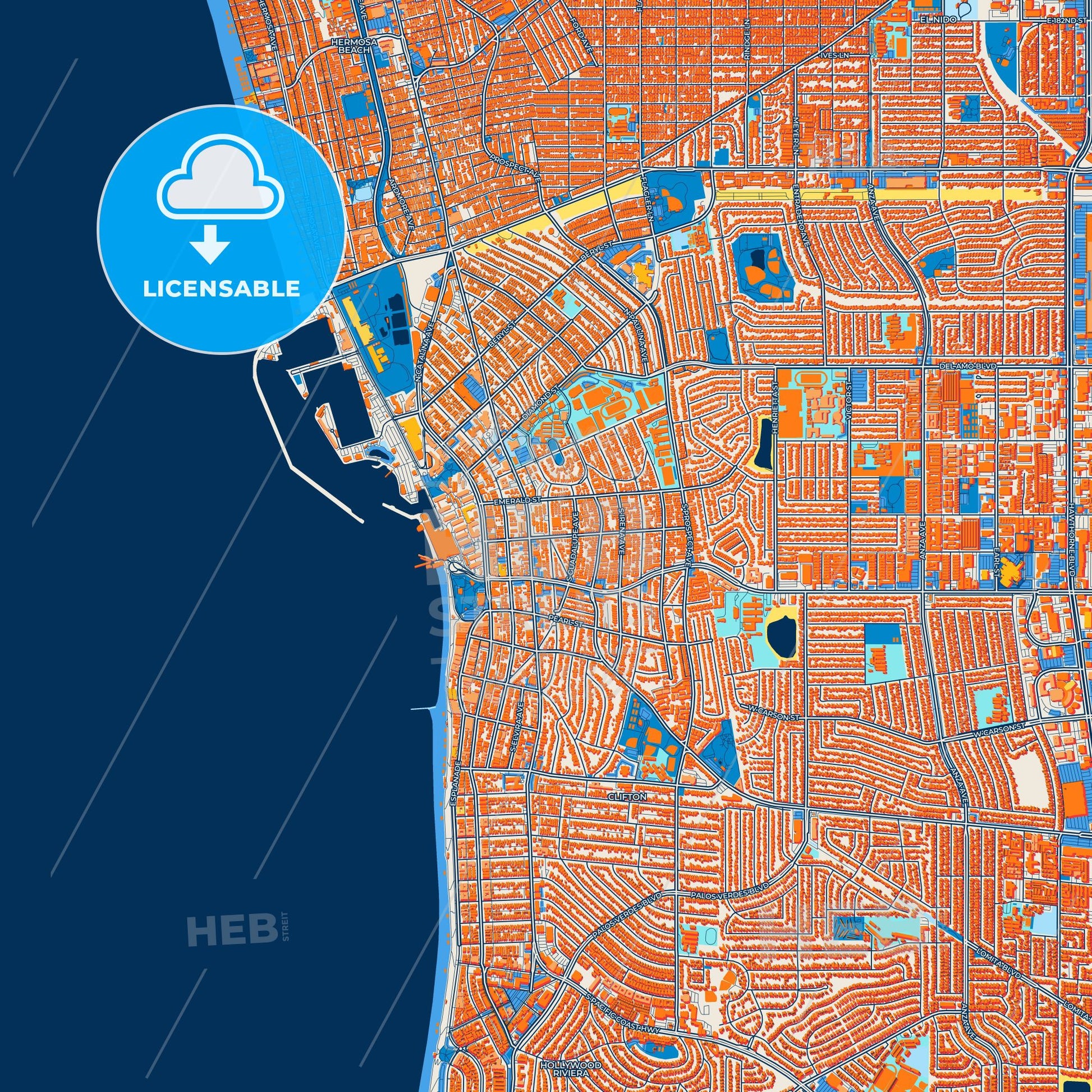 Colorful Redondo Beach Street Map with Labels and Buildings