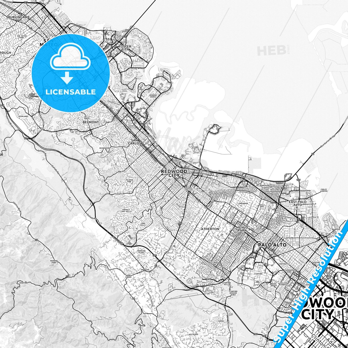 Redwood City, California light map with streetnames, citynames and districts