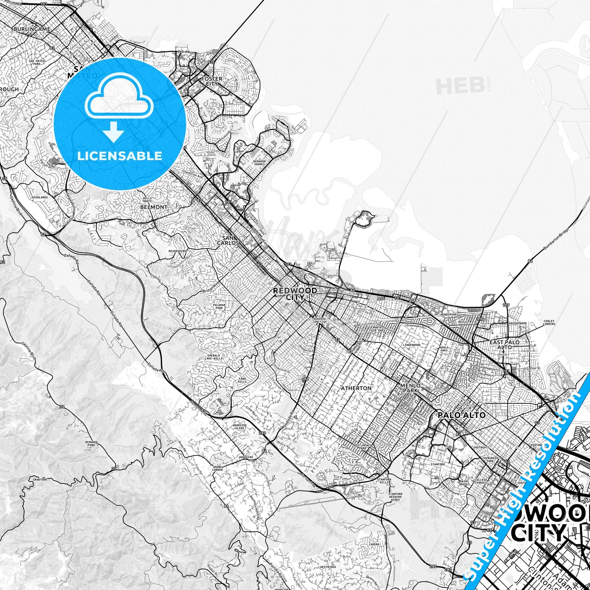 Redwood City, California light map with streetnames, citynames and districts