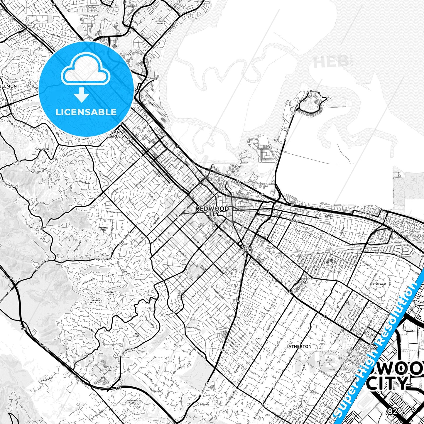 Redwood City, California Light Map with Street Names, City Names, and Districts