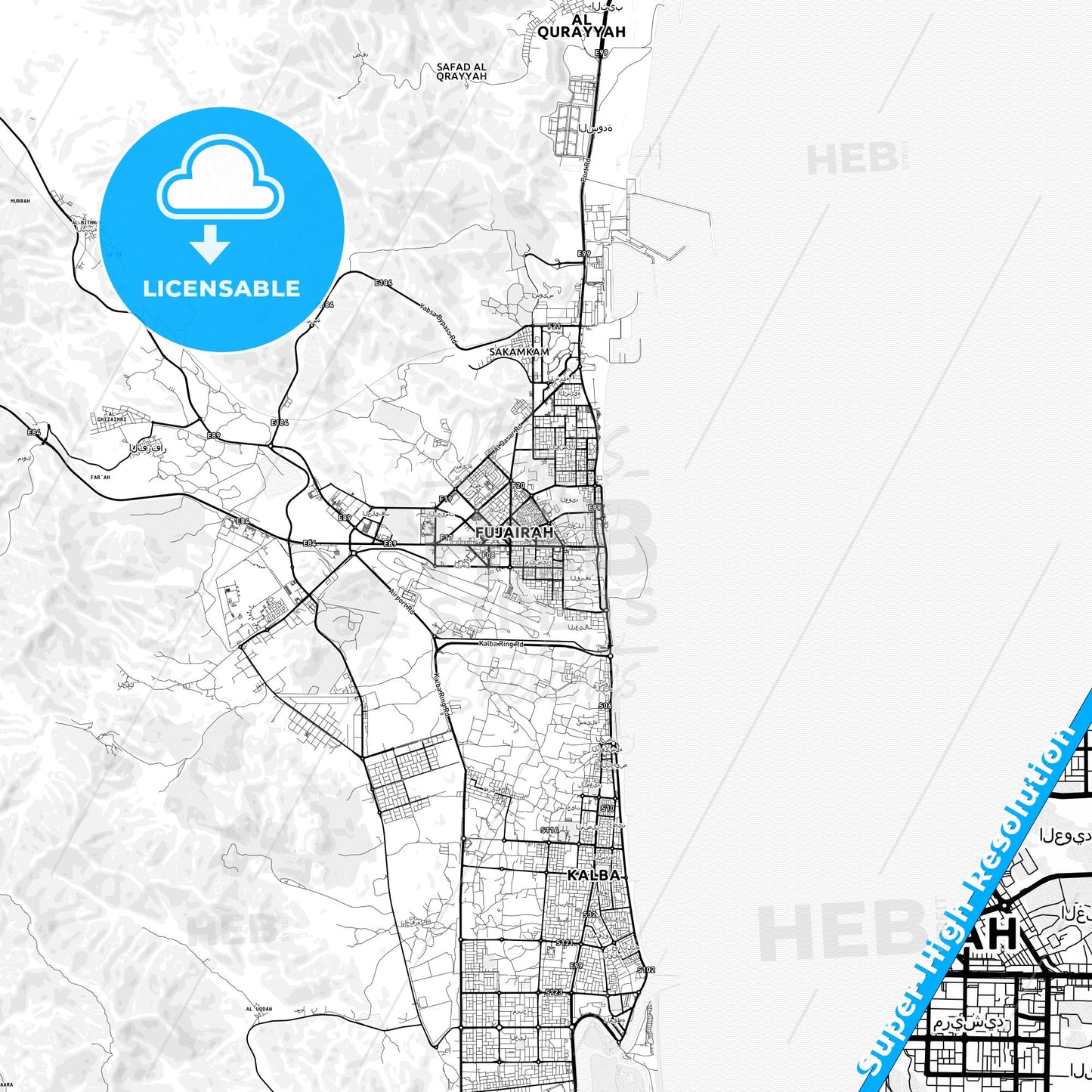 Reef Al Fujairah City, United Arab Emirates light map with streetnames, citynames and districts