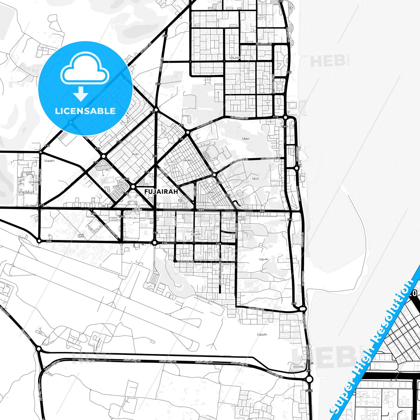 Reef Al Fujairah City, United Arab Emirates Light Map with Street Names, City Names, and Districts
