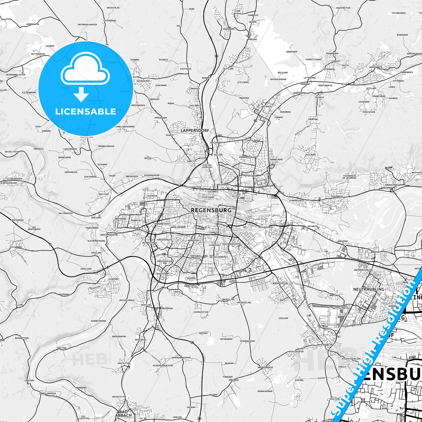 Regensburg, Germany light map with streetnames, citynames and districts