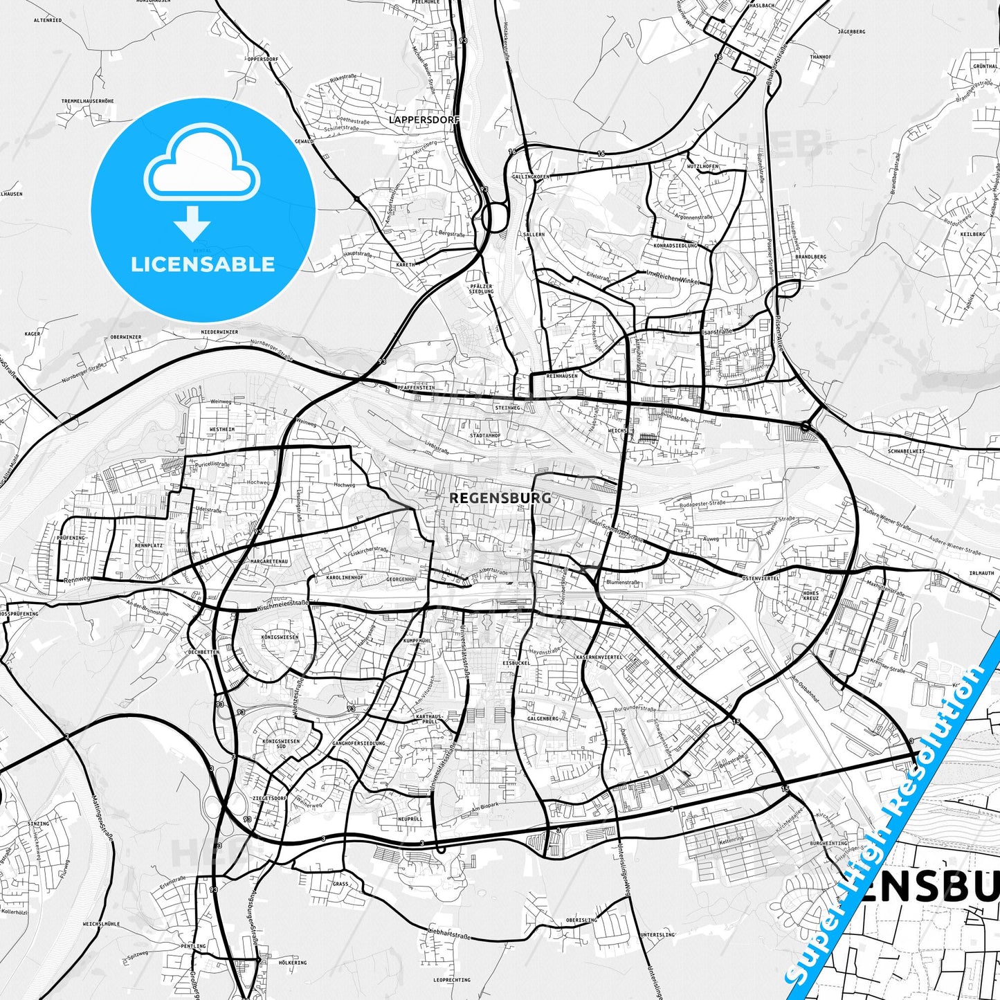 Regensburg, Germany Light Map with Street Names, City Names, and Districts