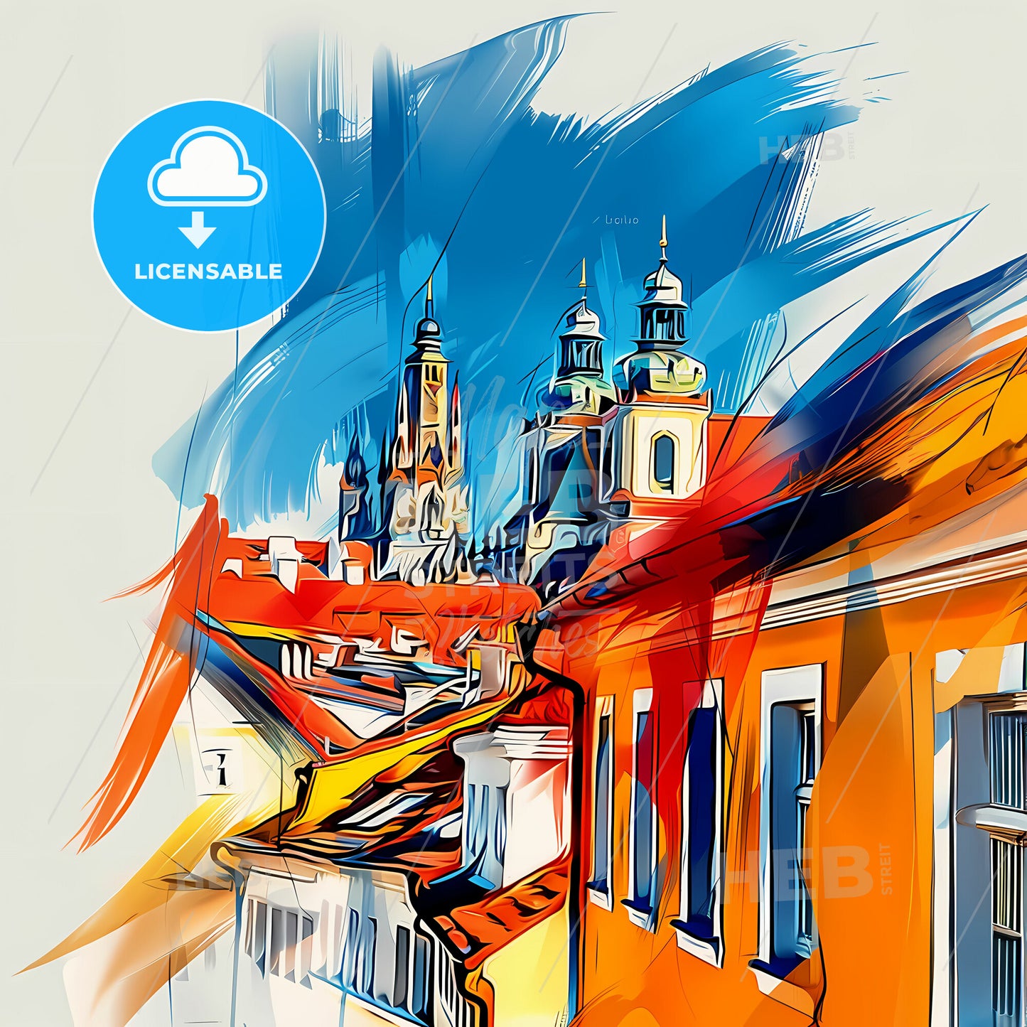 Vibrant Regensburg, Germany - A Painting Of A Building With A Tower And A Blue Sky