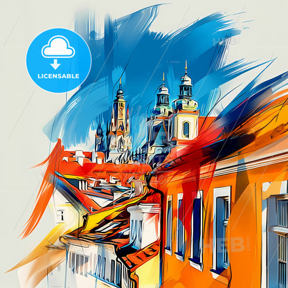 Vibrant Regensburg, Germany - A Painting Of A Building With A Tower And A Blue Sky