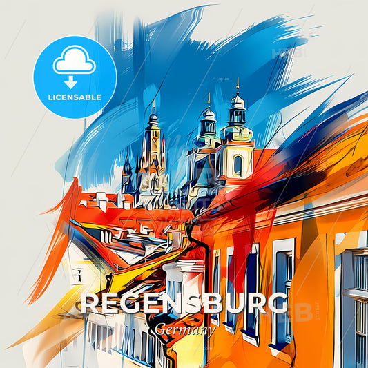 Vibrant Regensburg, Germany - A Painting Of A Building With A Tower And A Blue Sky - Square format print template