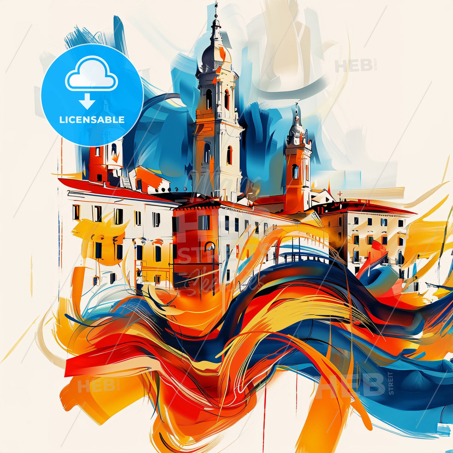 Vibrant Reggio Emilia, Italy - A Painting Of A Building With Towers And A Colorful Wave