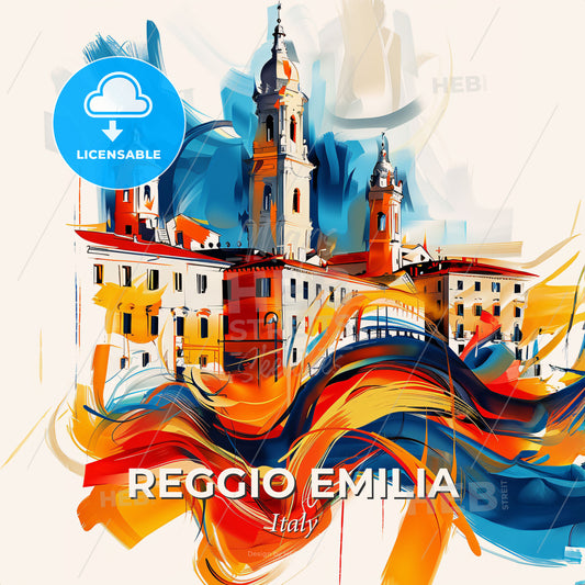 Vibrant Reggio Emilia, Italy - A Painting Of A Building With Towers And A Colorful Wave - Square format print template