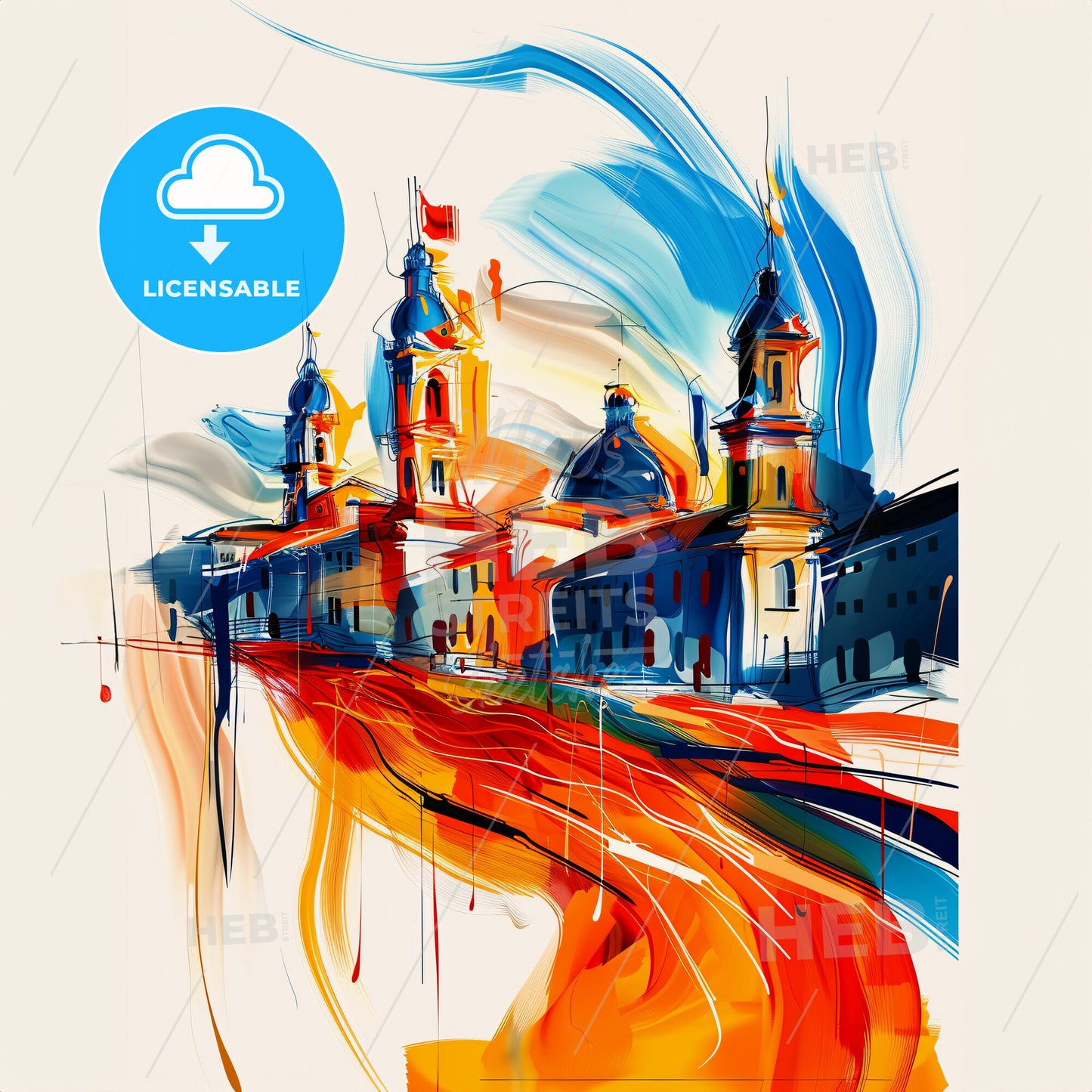 Vibrant Reggio Emilia, Italy - A Painting Of A Building With Towers And A Red Road