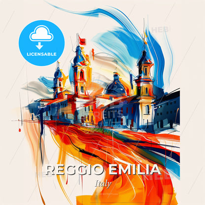 Vibrant Reggio Emilia, Italy - A Painting Of A Building With Towers And A Red Road - Square format print template