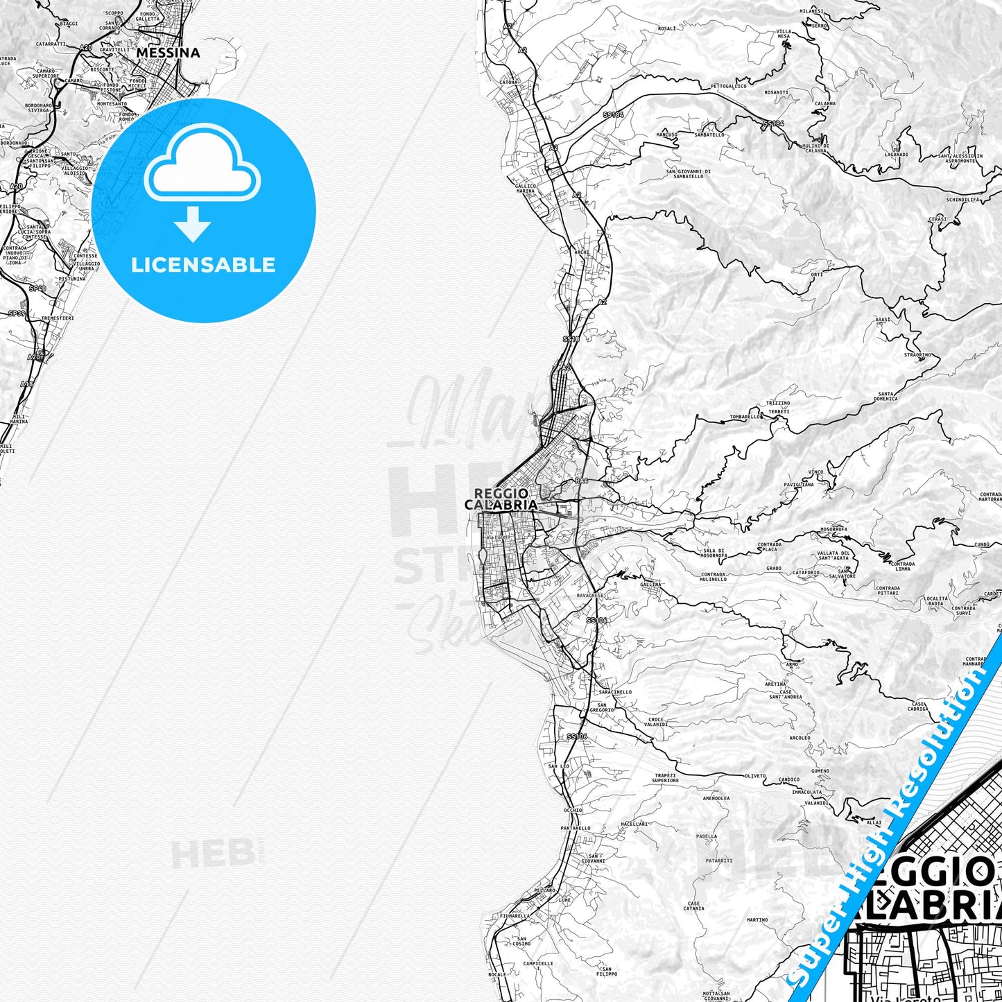 Reggio Calabria, Italy light map with streetnames, citynames and districts