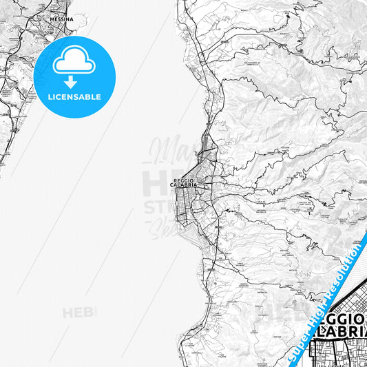 Reggio Calabria, Italy light map with streetnames, citynames and districts