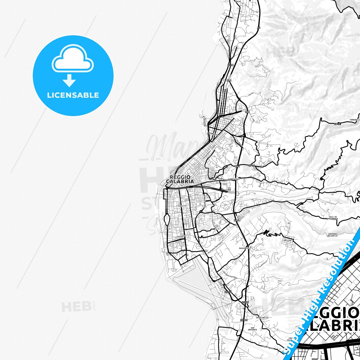 Reggio Calabria, Italy Light Map with Street Names, City Names, and Districts