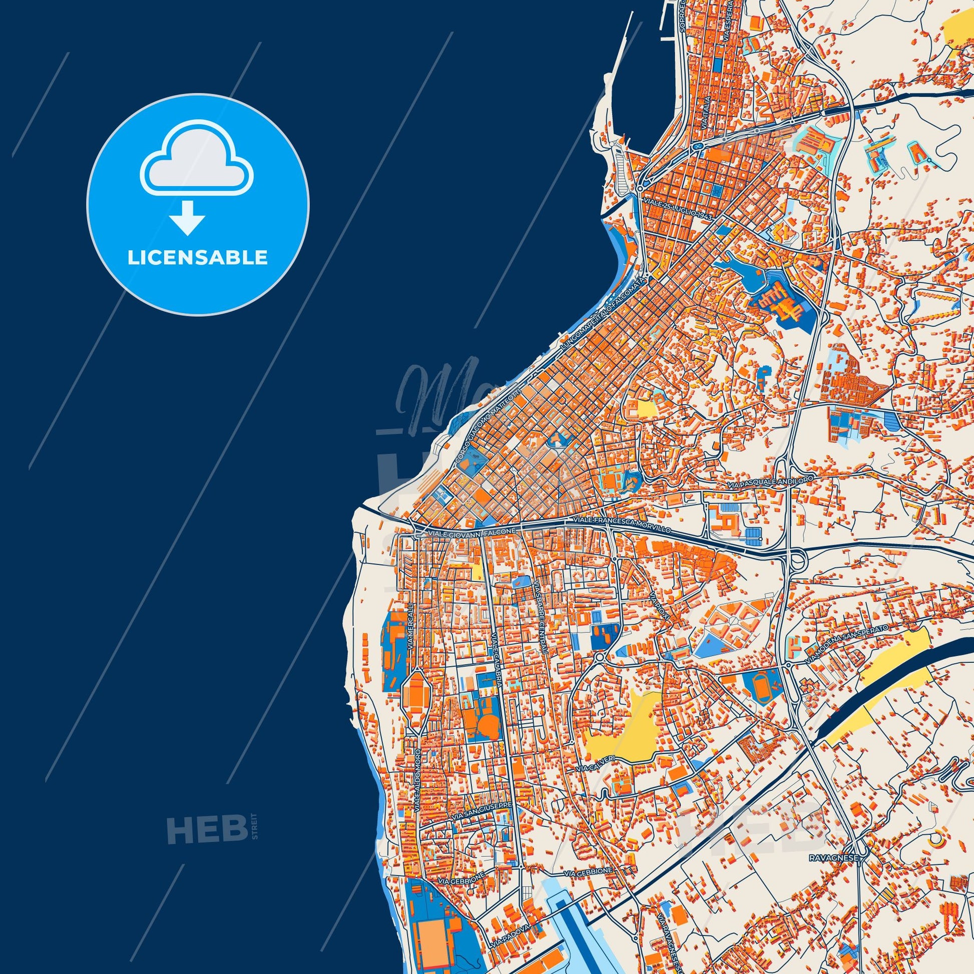 Colorful Reggio Calabria Street Map with Labels and Buildings