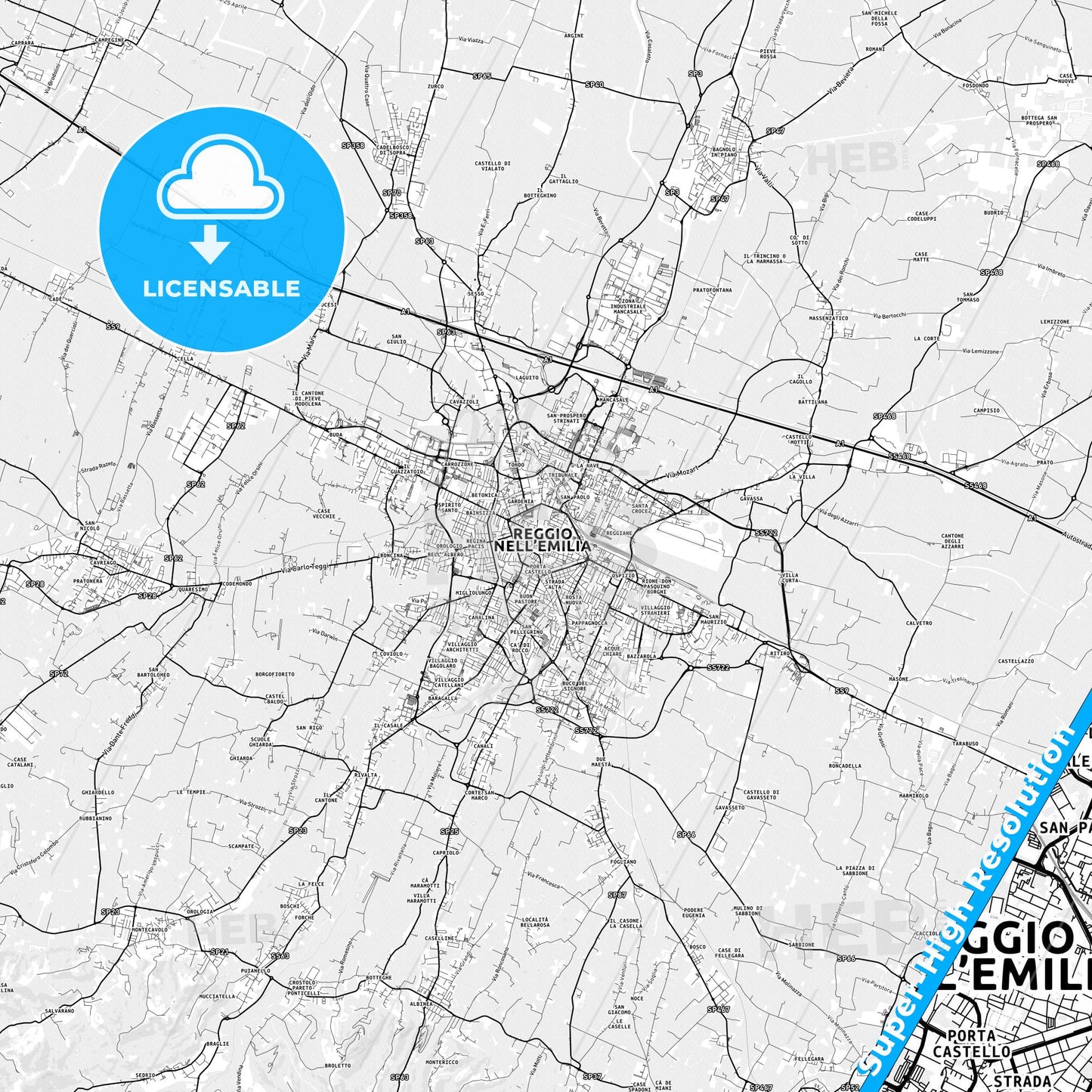 Reggio Emilia, Italy light map with streetnames, citynames and districts