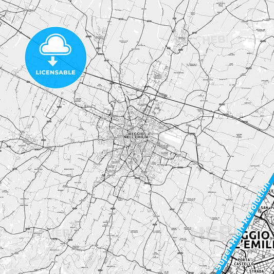 Reggio Emilia, Italy light map with streetnames, citynames and districts