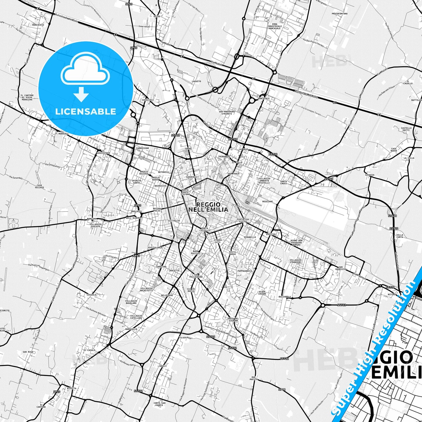 Reggio Emilia, Italy Light Map with Street Names, City Names, and Districts