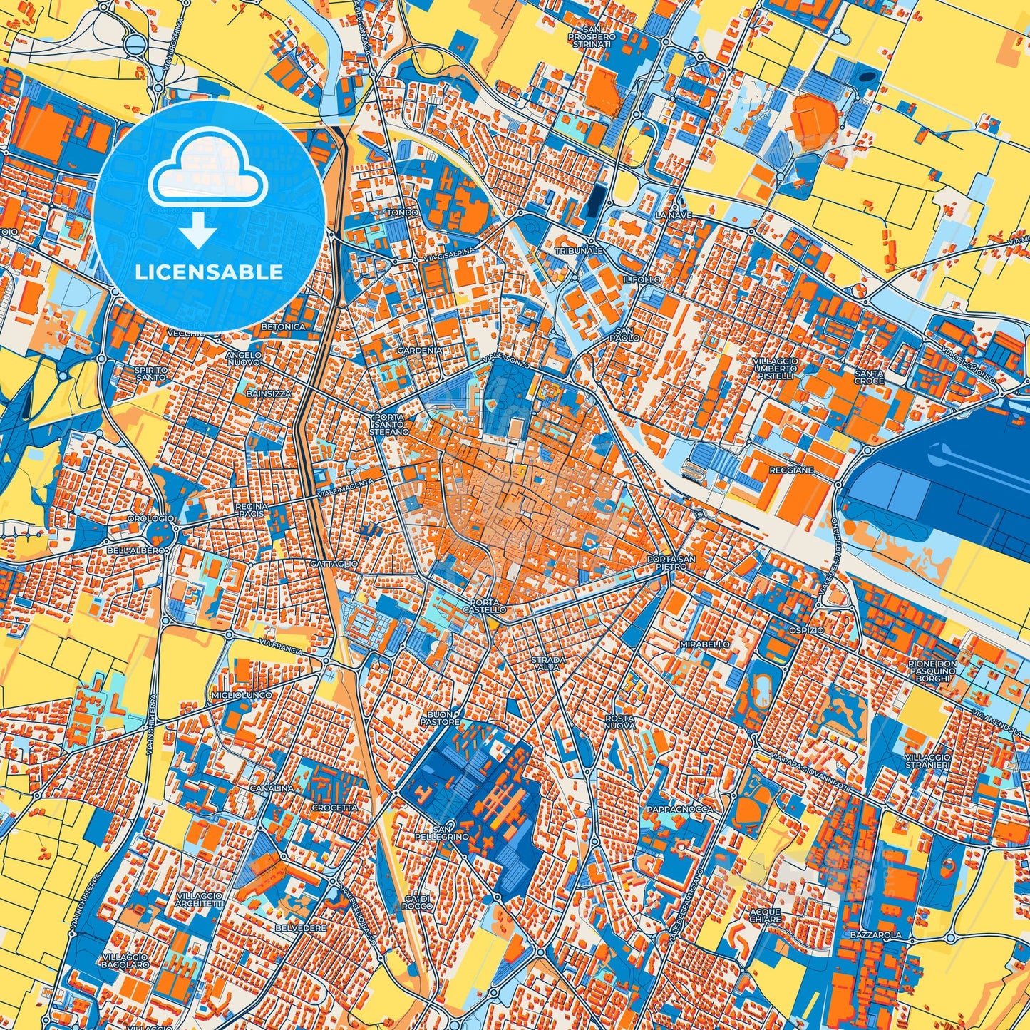Colorful Reggio Emilia Street Map with Labels and Buildings