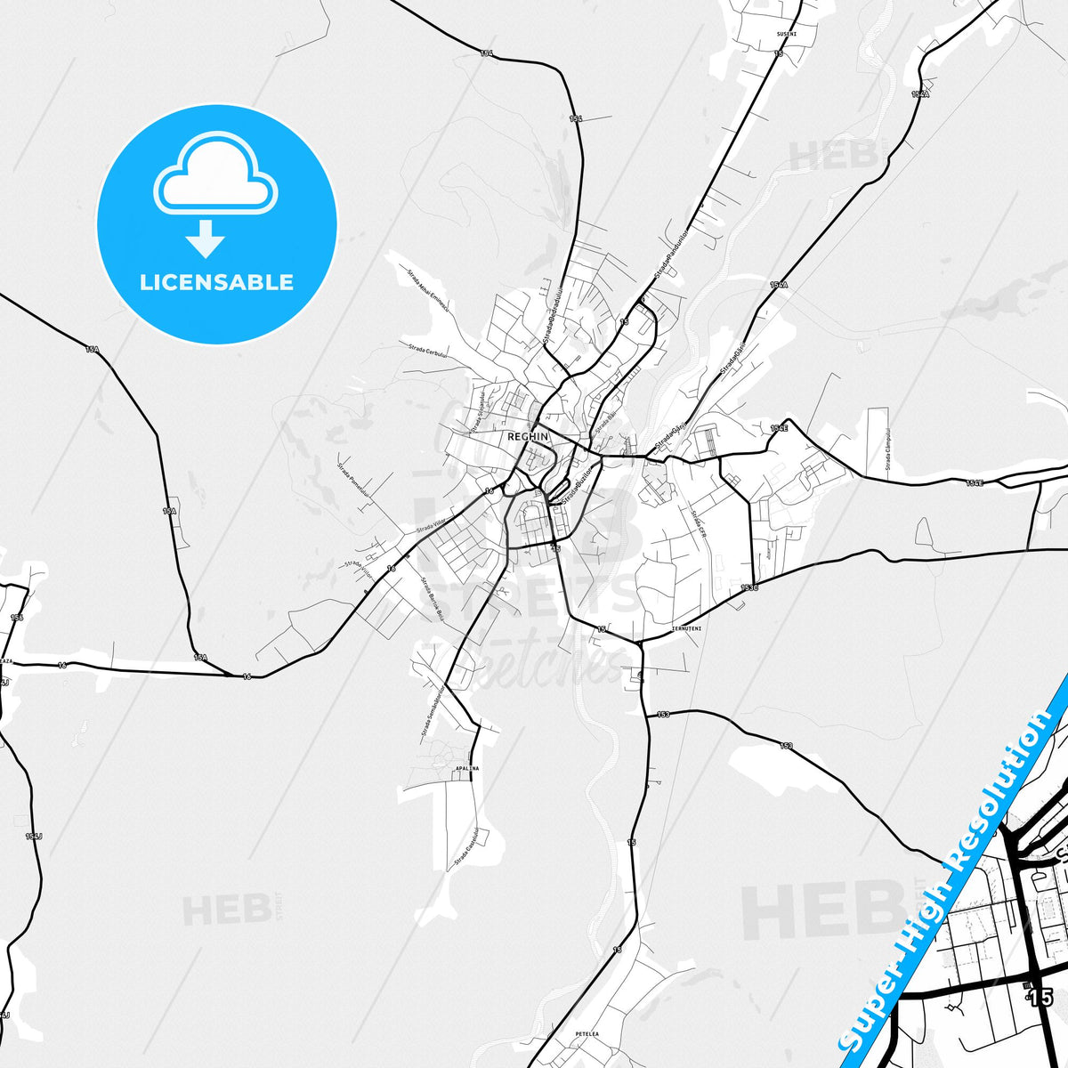Reghin, Romania Light Map with Street Names, City Names, and Districts