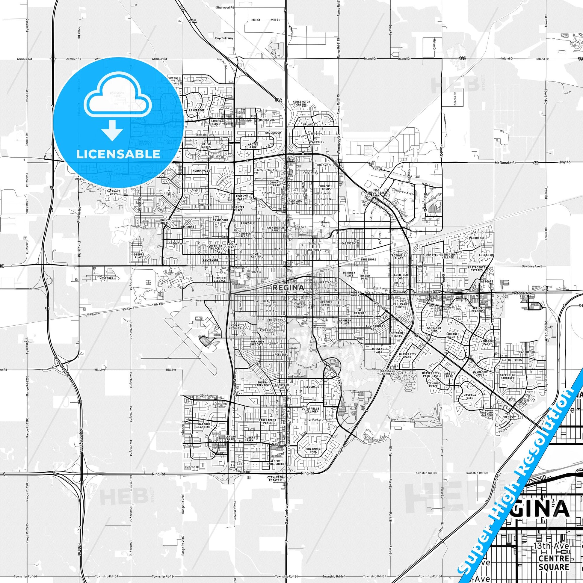 Regina, Canada light map with streetnames, citynames and districts