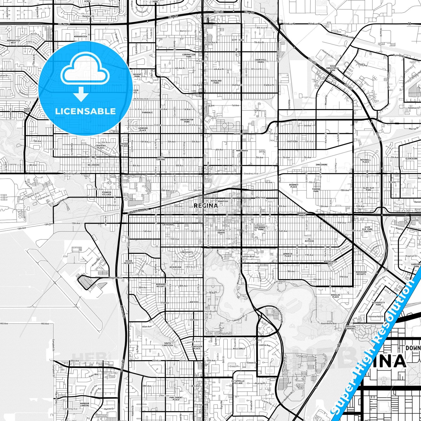 Regina, Canada Light Map with Street Names, City Names, and Districts