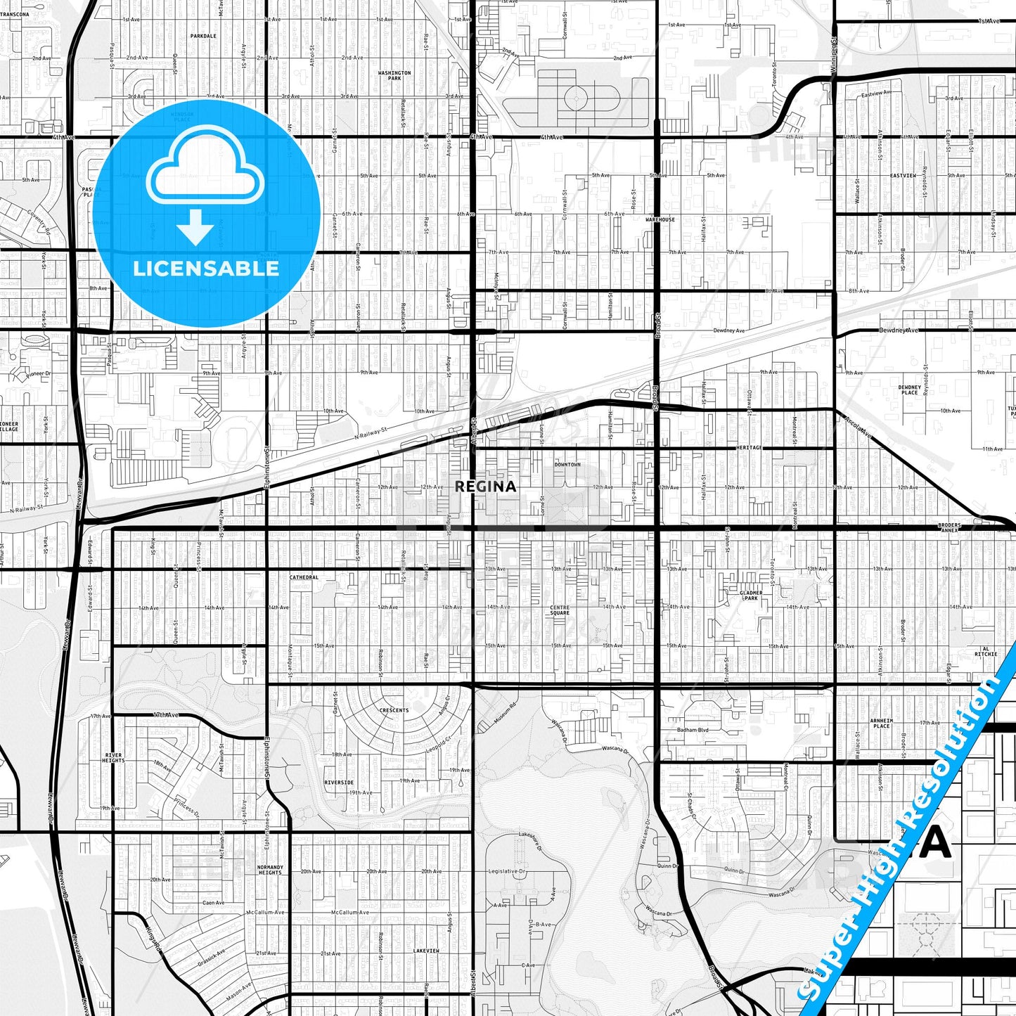 Regina, Canada Light Map with Street Names, City Names, and Districts