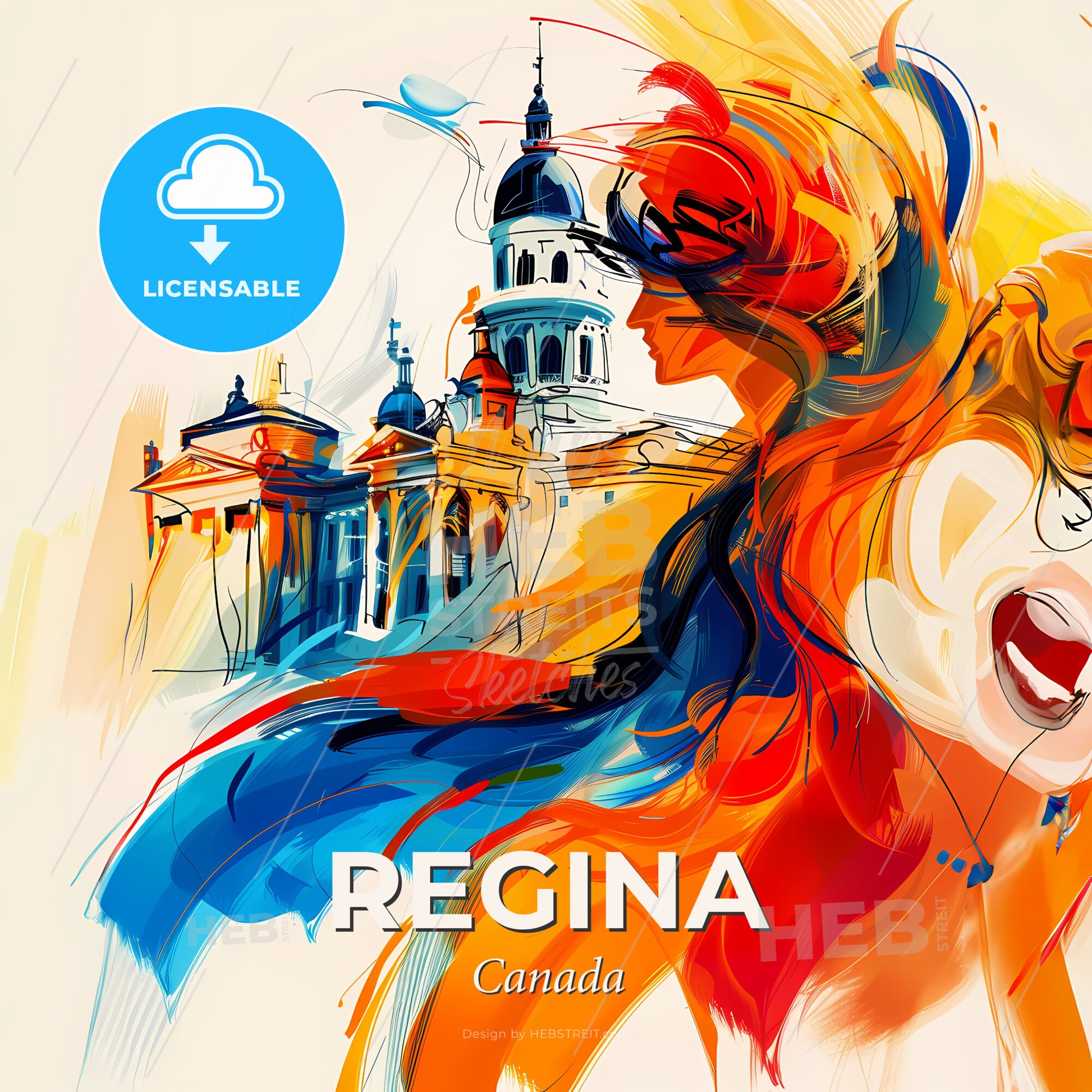 Vibrant Regina, Canada - A Painting Of A Woman With A Building In The Background - Square format print template