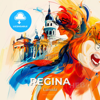 Vibrant Regina, Canada - A Painting Of A Woman With A Building In The Background - Square format print template