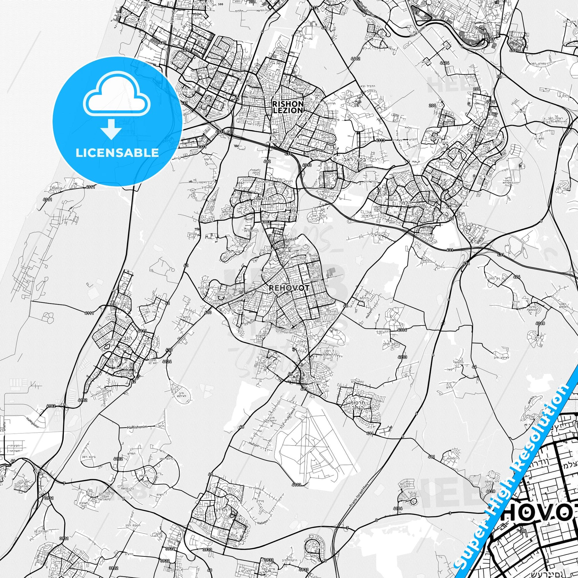 Rehovot, Israel light map with streetnames, citynames and districts